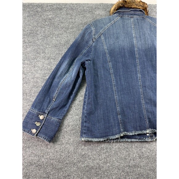 Chico's Removable Fur Collar Denim Jacket Women's Size 4 20/22 Raw Hem Lined - Picture 7 of 16
